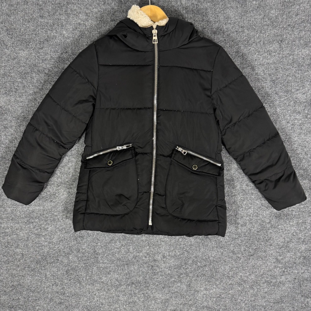 Zara Girls Puffer Jacket Hooded Faux Fur Trim Down Fill Girls 10 Black Coat EUC